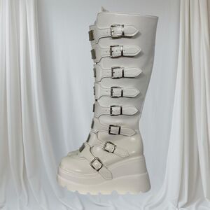 White Chunky Platform XXL Destroyer Knee High Silver Buckle Boots US 5.5